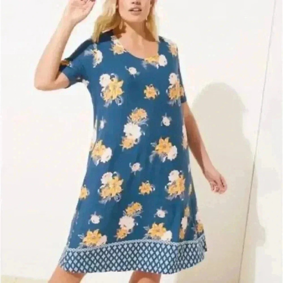 LOFT Blue and Yellow Floral Swing Shift Dress, Casual Knit Dress, Size Medium - Picture 1 of 16